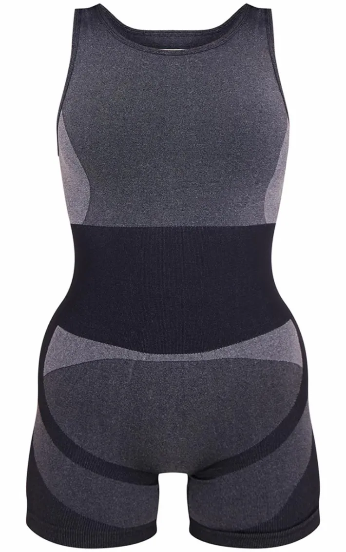 PLT SPORT Black Seamless Open Back Jacquard Unitard