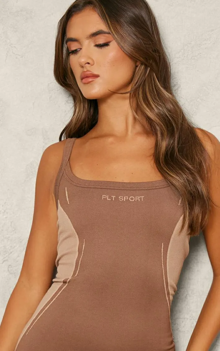 PLT SPORT Brown Jacquard Seamless Unitard