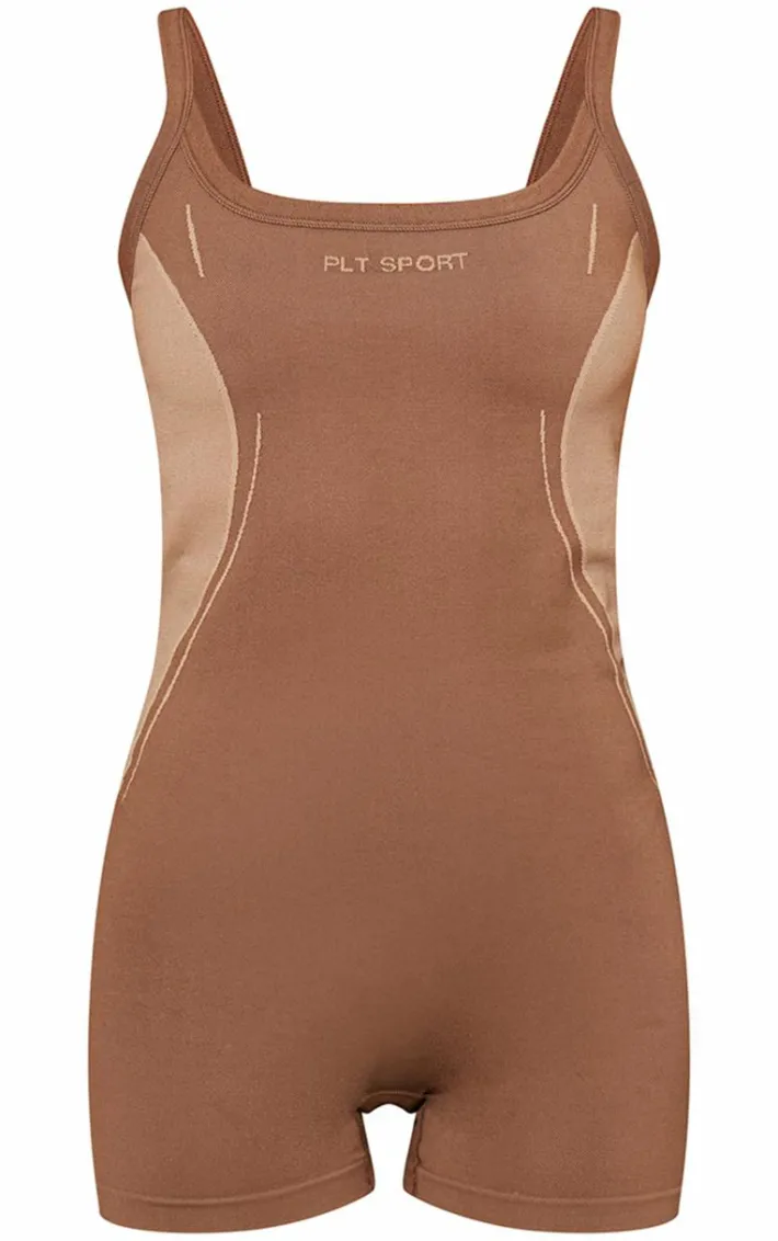 PLT SPORT Brown Jacquard Seamless Unitard