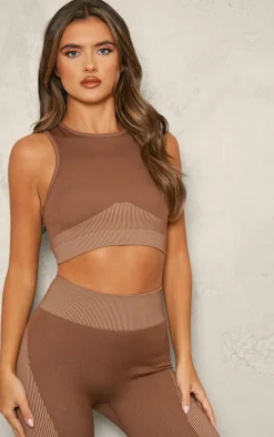 PLT SPORT Brown Jacquard Seamless Open Back Racer Neck Top