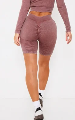 PLT SPORT Deep Brown Acid Wash Seamless Rib Ruched Bum Booty Shorts