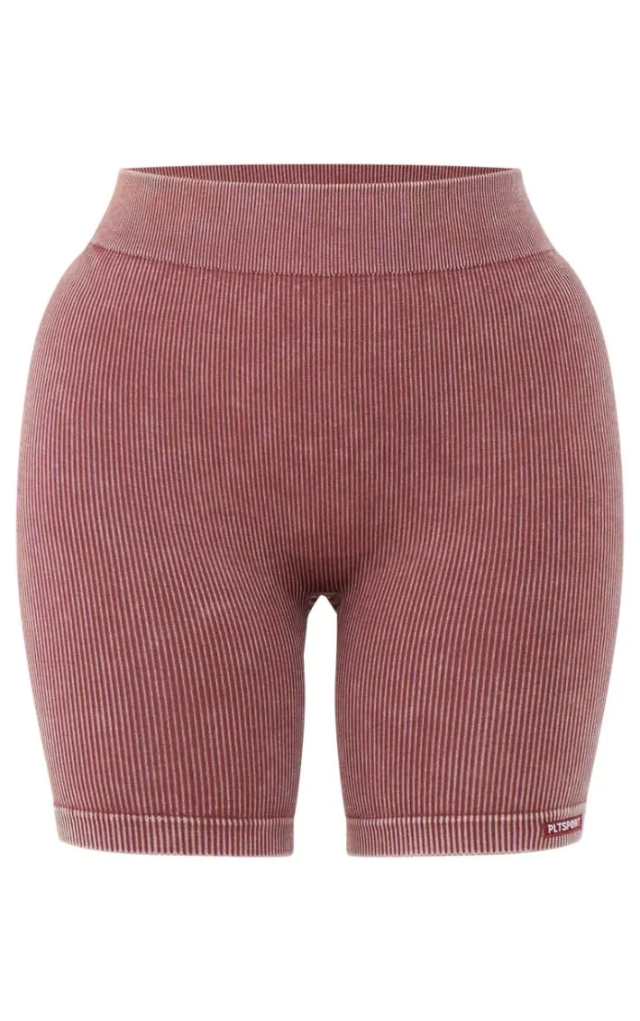 PLT SPORT Deep Brown Acid Wash Seamless Rib Ruched Bum Booty Shorts