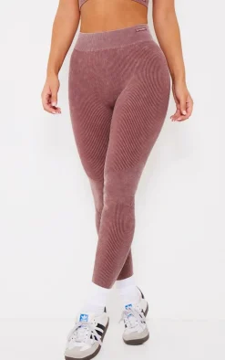 PLT SPORT Deep Brown Acid Wash Seamless Rib High Waist Gym Leggings