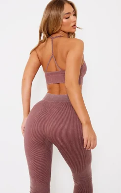 PLT SPORT Deep Brown Acid Wash Seamless Rib Longline Cage Back Sports Bra