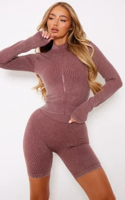 PLT SPORT Deep Brown Acid Wash Seamless Rib Zip Up Cropped Sports Jacket