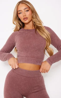 PLT SPORT Deep Brown Acid Wash Seamless Rib Long Sleeve Sports Top