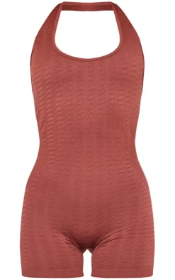 PLT SPORT Espresso Textured Seamless Halterneck Unitard