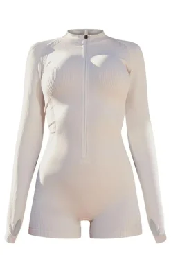 PLT SPORT Ice Grey Acid Wash Seamless Rib Panel Metallic Badge Short Gym Unitard