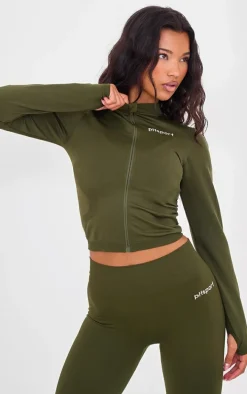 PLT SPORT Khaki Seamless Ribbed Detail Zip Up Sports Jacket