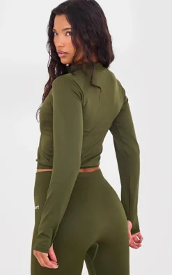 PLT SPORT Khaki Seamless Ribbed Detail Zip Up Sports Jacket