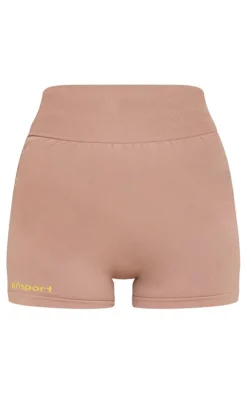PLT SPORT Light Mocha Seamless Contrast Branding Booty Shorts