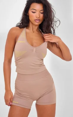 PLT SPORT Light Mocha Seamless Contrast Branding Ruched Side Halterneck Top