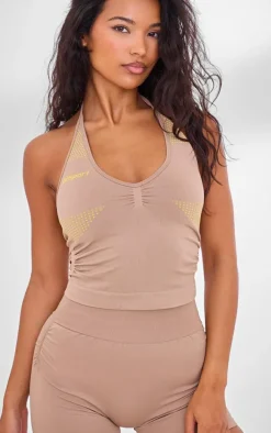 PLT SPORT Light Mocha Seamless Contrast Branding Ruched Side Halterneck Top