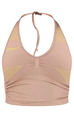 PLT SPORT Light Mocha Seamless Contrast Branding Ruched Side Halterneck Top