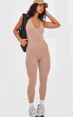 PLT SPORT Light Mocha Seamless Ruched Side Halterneck Unitard