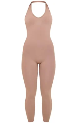 PLT SPORT Light Mocha Seamless Ruched Side Halterneck Unitard