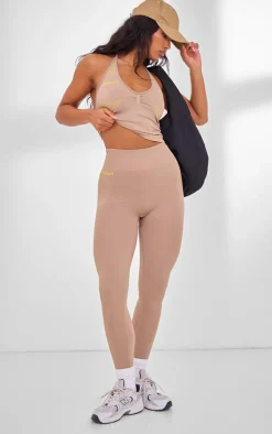 PLT SPORT Light Mocha Seamless Contrast Branding High Waist Leggings