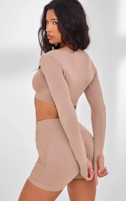 PLT SPORT Light Mocha Seamless Contrast Branding Square Neck Top