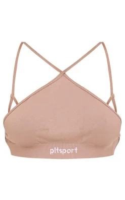 PLT SPORT Light Mocha Seamless Halterneck Open Back Sports Bra