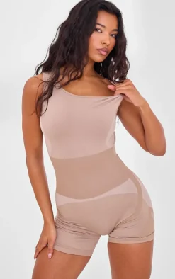 PLT SPORT Light Mocha Seamless Open Back Jacquard Unitard