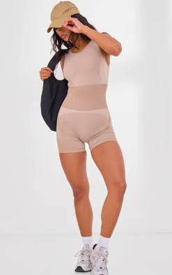 PLT SPORT Light Mocha Seamless Open Back Jacquard Unitard