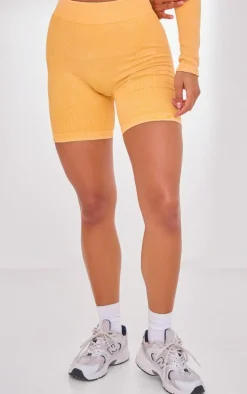 PLT SPORT Mustard Acid Wash Seamless Rib Ruched Bum Booty Shorts