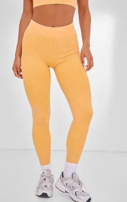 PLT SPORT Mustard Acid Wash Seamless Rib High Waist Gym Leggings