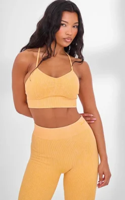 PLT SPORT Mustard Acid Wash Seamless Rib Longline Cage Back Sports Bra