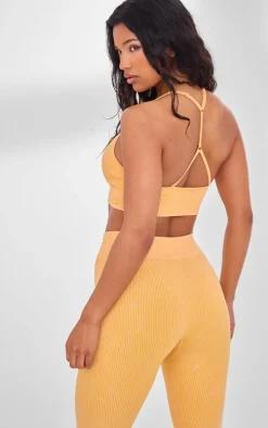 PLT SPORT Mustard Acid Wash Seamless Rib Longline Cage Back Sports Bra