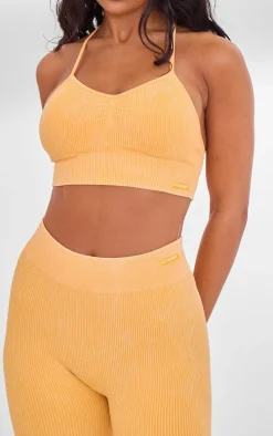 PLT SPORT Mustard Acid Wash Seamless Rib Longline Cage Back Sports Bra
