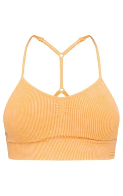 PLT SPORT Mustard Acid Wash Seamless Rib Longline Cage Back Sports Bra