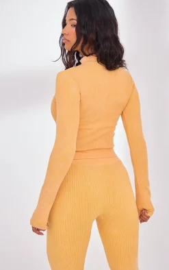 PLT SPORT Mustard Acid Wash Seamless Rib Zip Up Cropped Sports Jacket