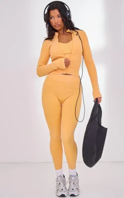 PLT SPORT Mustard Acid Wash Seamless Rib Zip Up Cropped Sports Jacket