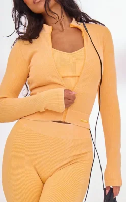 PLT SPORT Mustard Acid Wash Seamless Rib Zip Up Cropped Sports Jacket