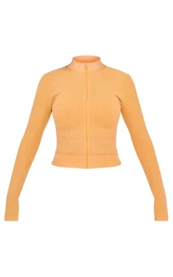 PLT SPORT Mustard Acid Wash Seamless Rib Zip Up Cropped Sports Jacket