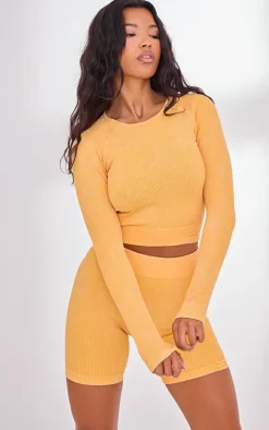 PLT SPORT Mustard Acid Wash Seamless Rib Long Sleeve Sports Top