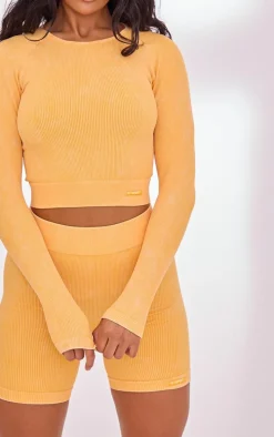 PLT SPORT Mustard Acid Wash Seamless Rib Long Sleeve Sports Top