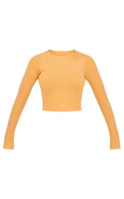 PLT SPORT Mustard Acid Wash Seamless Rib Long Sleeve Sports Top