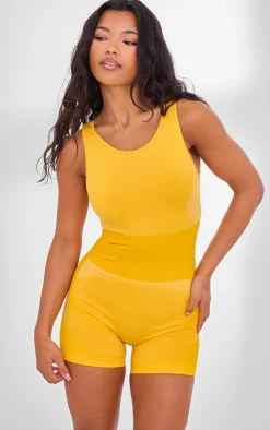 PLT SPORT Mustard Seamless Open Back Jacquard Unitard