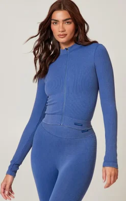 PLT SPORT Navy Acid Wash Seamless Zip Up Cropped Sports Jacket