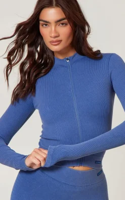 PLT SPORT Navy Acid Wash Seamless Zip Up Cropped Sports Jacket