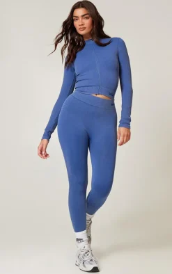 PLT SPORT Navy Acid Wash Seamless Ribbed Leggings