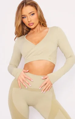 PLT SPORT Olive Seamless Cross Front Long Sleeve Crop Top