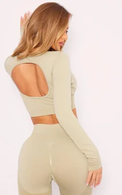 PLT SPORT Olive Seamless Cross Front Long Sleeve Crop Top
