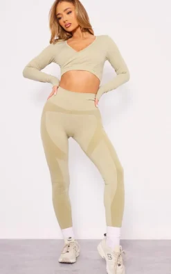 PLT SPORT Olive Seamless Cross Front Long Sleeve Crop Top