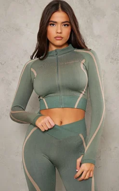 PLT SPORT Pale Green Seamless Contrast Jacquard Cropped Sports Jacket