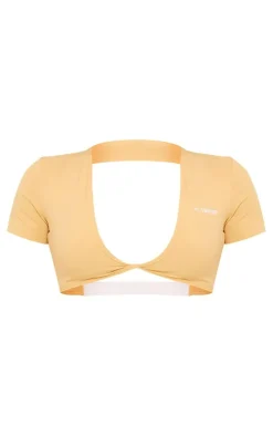 PLT SPORT Peach Sculpt Twist Front Contrast Detail Open Back Crop Top