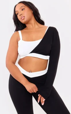 PLT SPORT Plus Black Sculpt Contrast Square Neck One Sleeve Crop Top