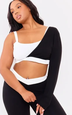 PLT SPORT Plus Black Sculpt Contrast Square Neck One Sleeve Crop Top