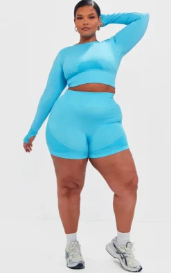PLT SPORT Plus Bright Blue Seamless Contrast Detail Long Sleeve Crop Top
